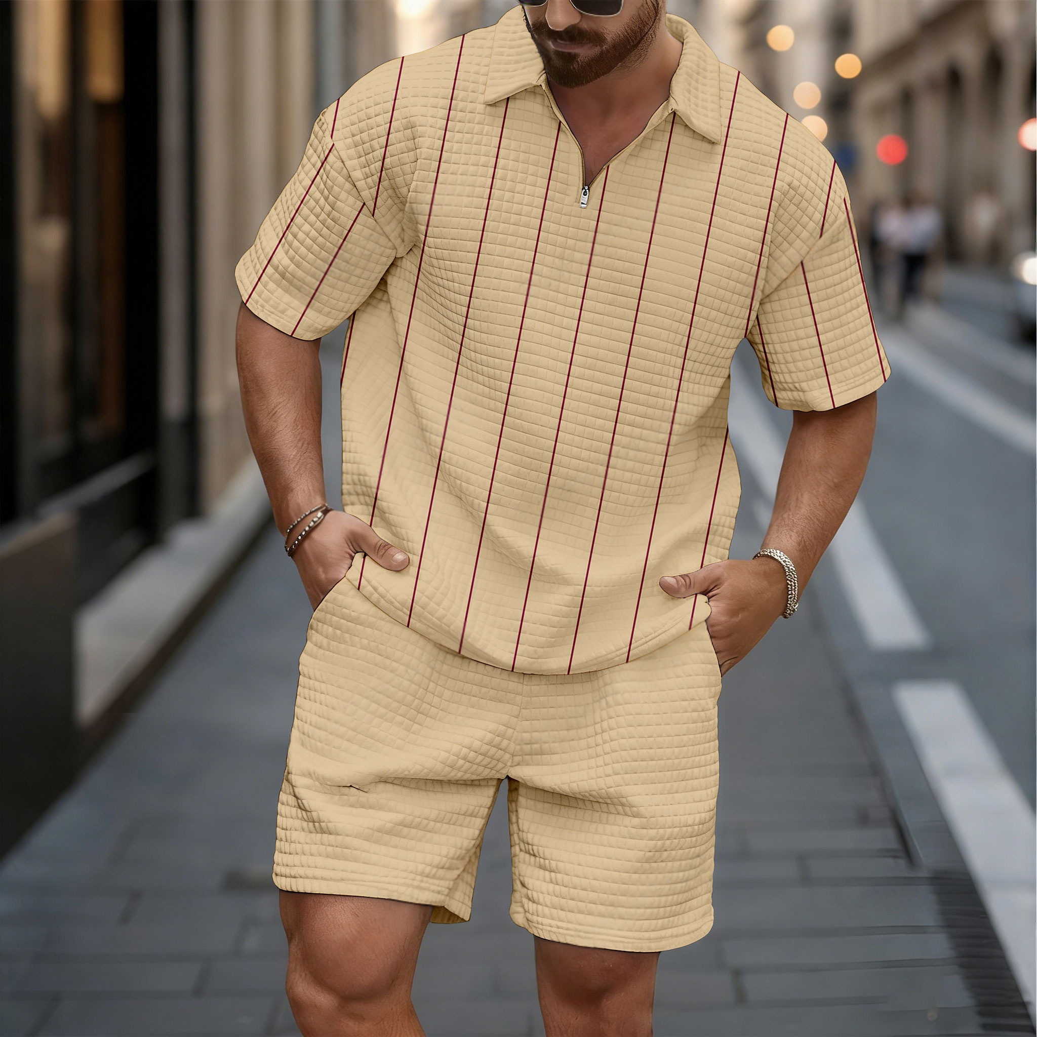 Conjunto de dos piezas casual Beige Vertical a rayas Pinted de manga corta camisa And shorts para hombre