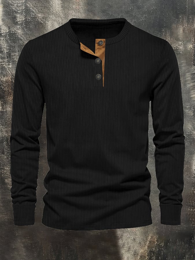 Camiseta pana casual Henley de manga larga para hombre