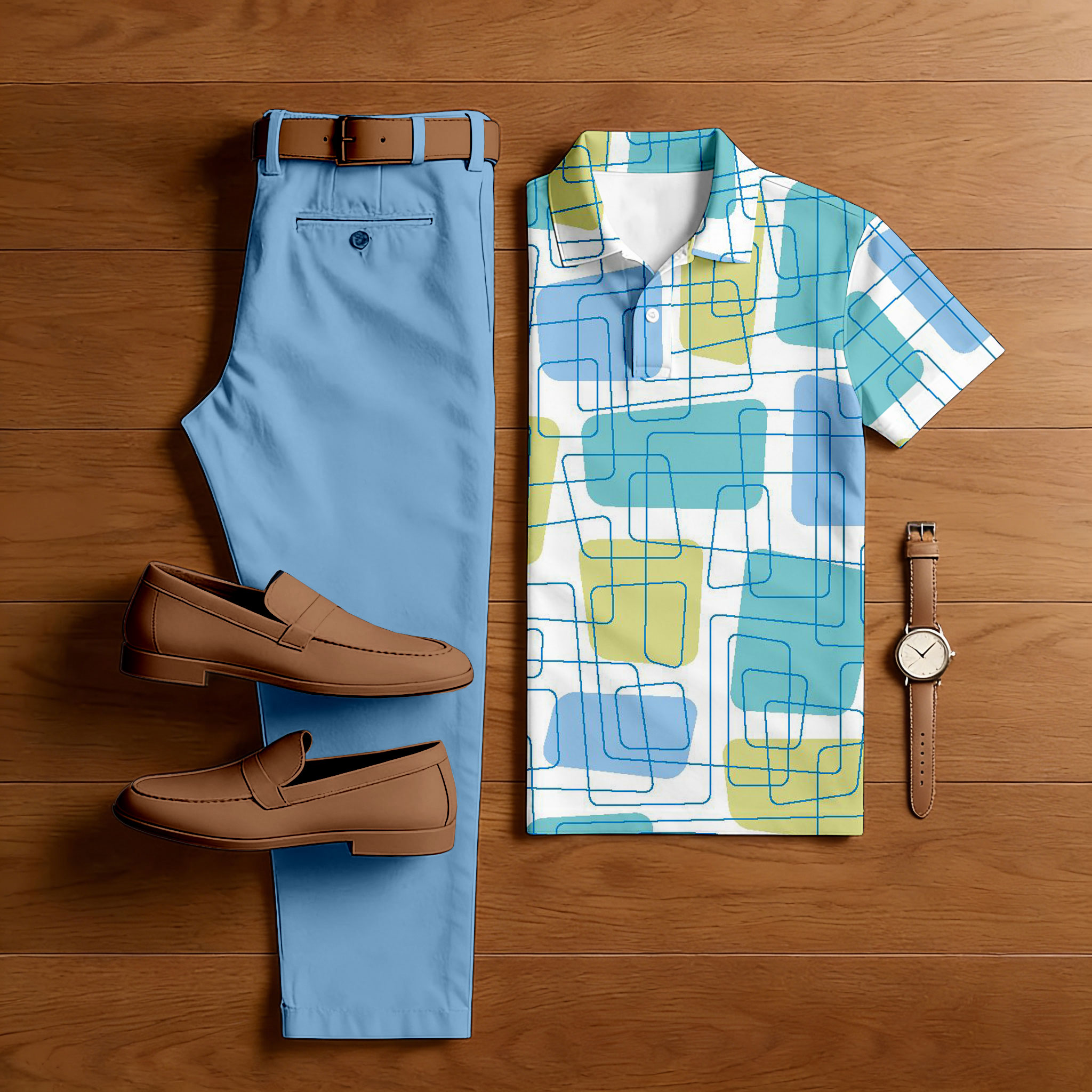 Conjunto de dos piezas casual Blue & Multi Color Matching Geometric estampado de manga corta camisa polo & Trousers para hombre