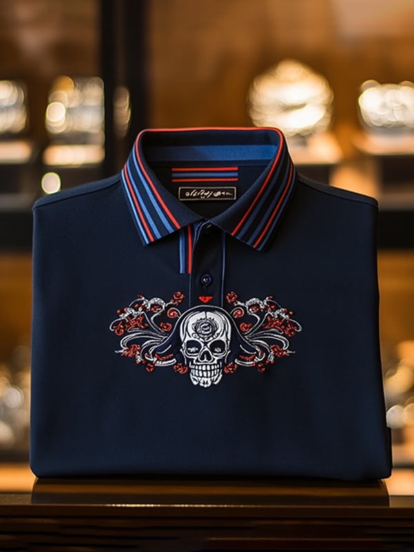 Camisa polo ejecutivo casual Skull estampado con botones para hombre
