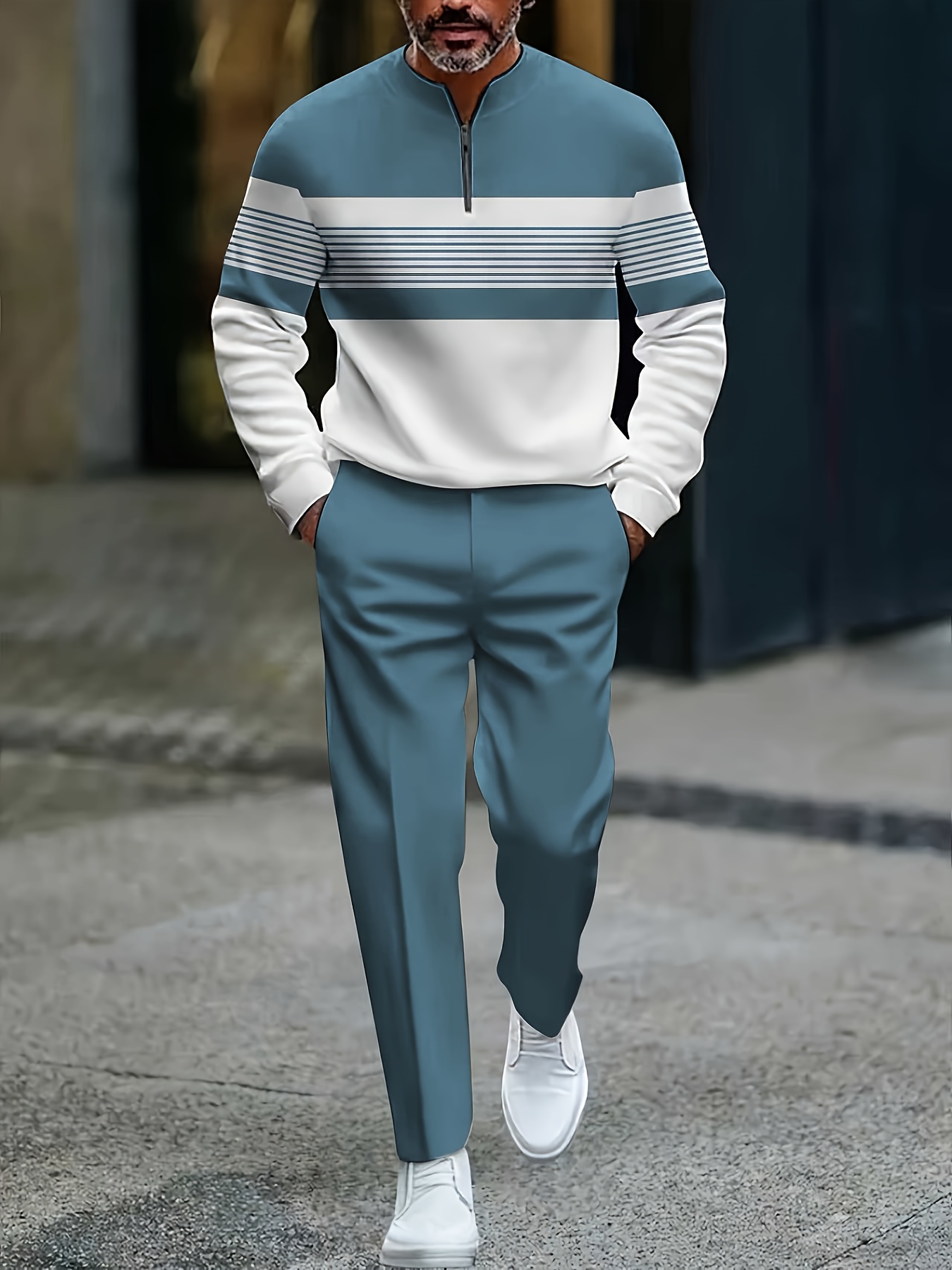 Conjunto de dos piezas casual Blue & White Color Matching a rayas estampado Round-Neck cierre de manga larga Tops & Trousers para hombre