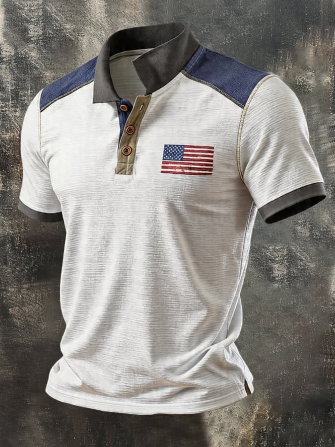 Camisa polo retro Patriotic Color-Block de manga corta para hombre