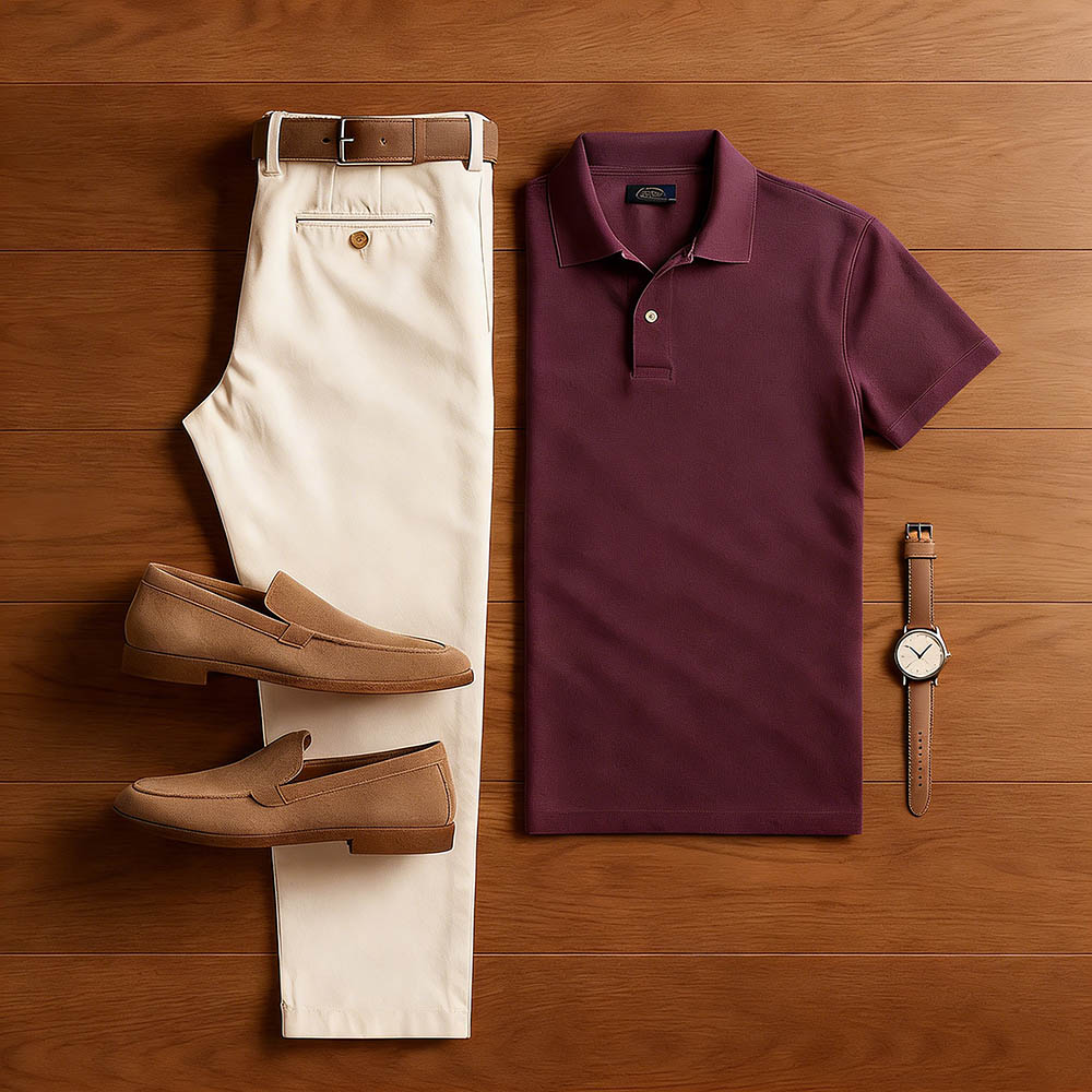 Conjunto de dos piezas casual Red Purple & Khaki Color Matching de manga corta camisa polo & Trousers para hombre