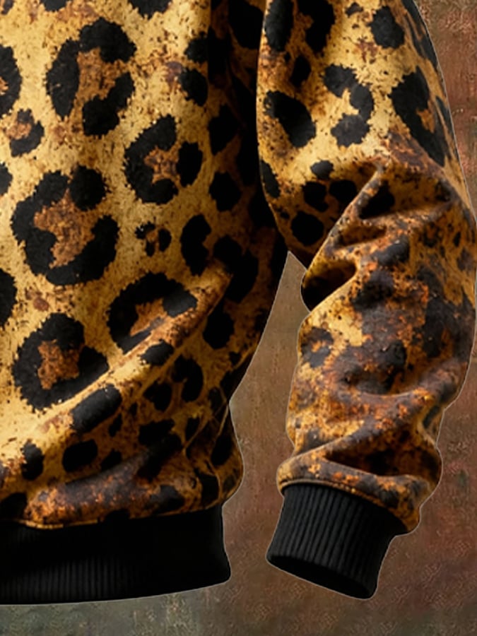 Sudadera retro Leopard estampado casual Fur cuello para hombre