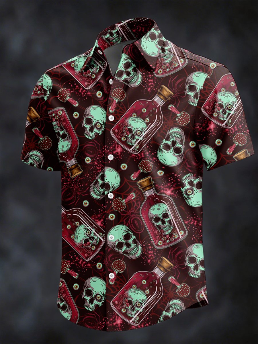 Camisa retro Horror Skull estampado solapa de manga corta para hombre
