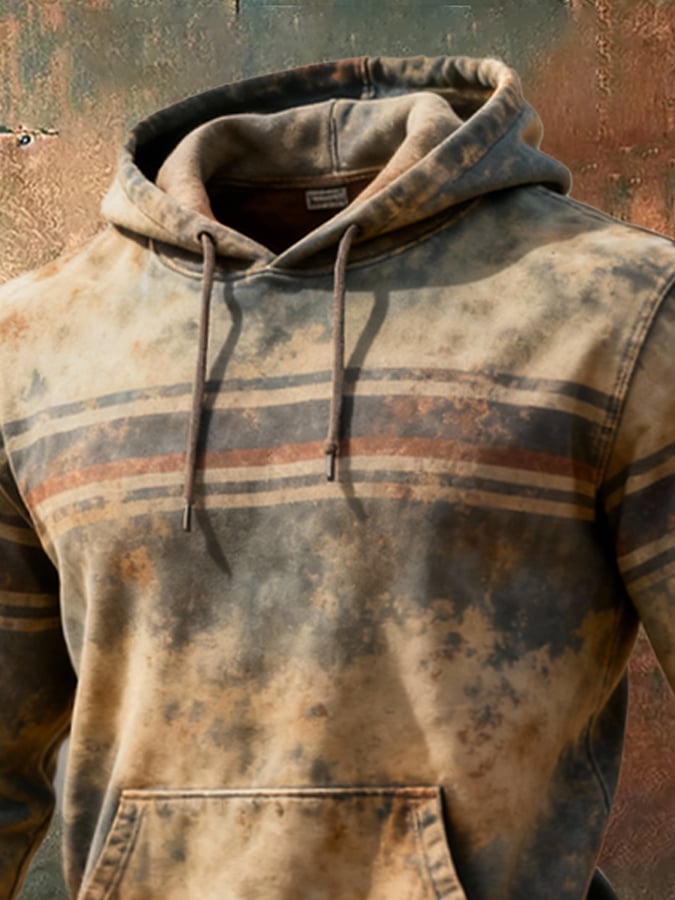 Sudadera retro desgastado en bloques de color estampado casual de manga larga para hombre