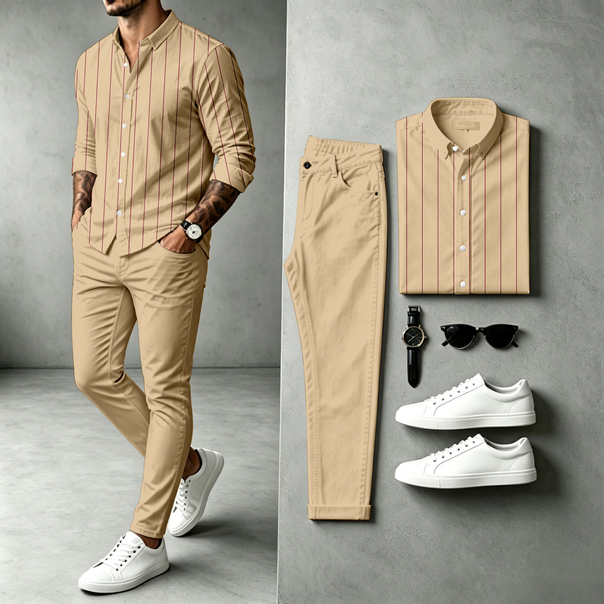 Camisa a rayas de manga larga and pantalón Set para hombre