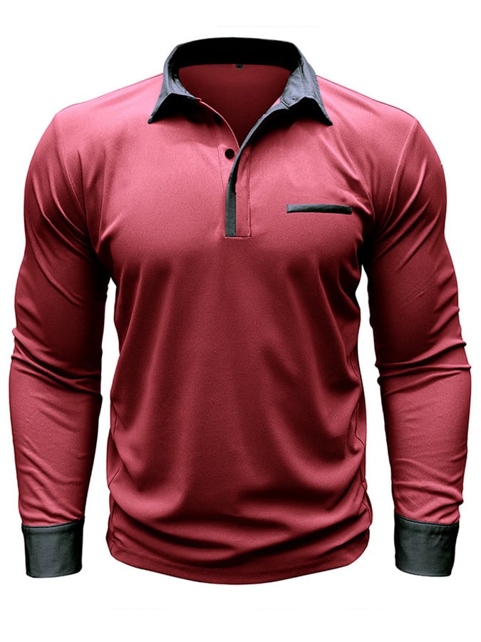 Camisa polo de moda en bloques de coloring Half Button de manga larga para hombre