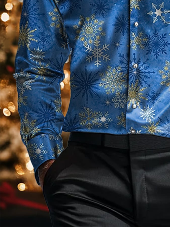 Camisa de lujo Christmas Contrast Color estampado de manga larga para hombre