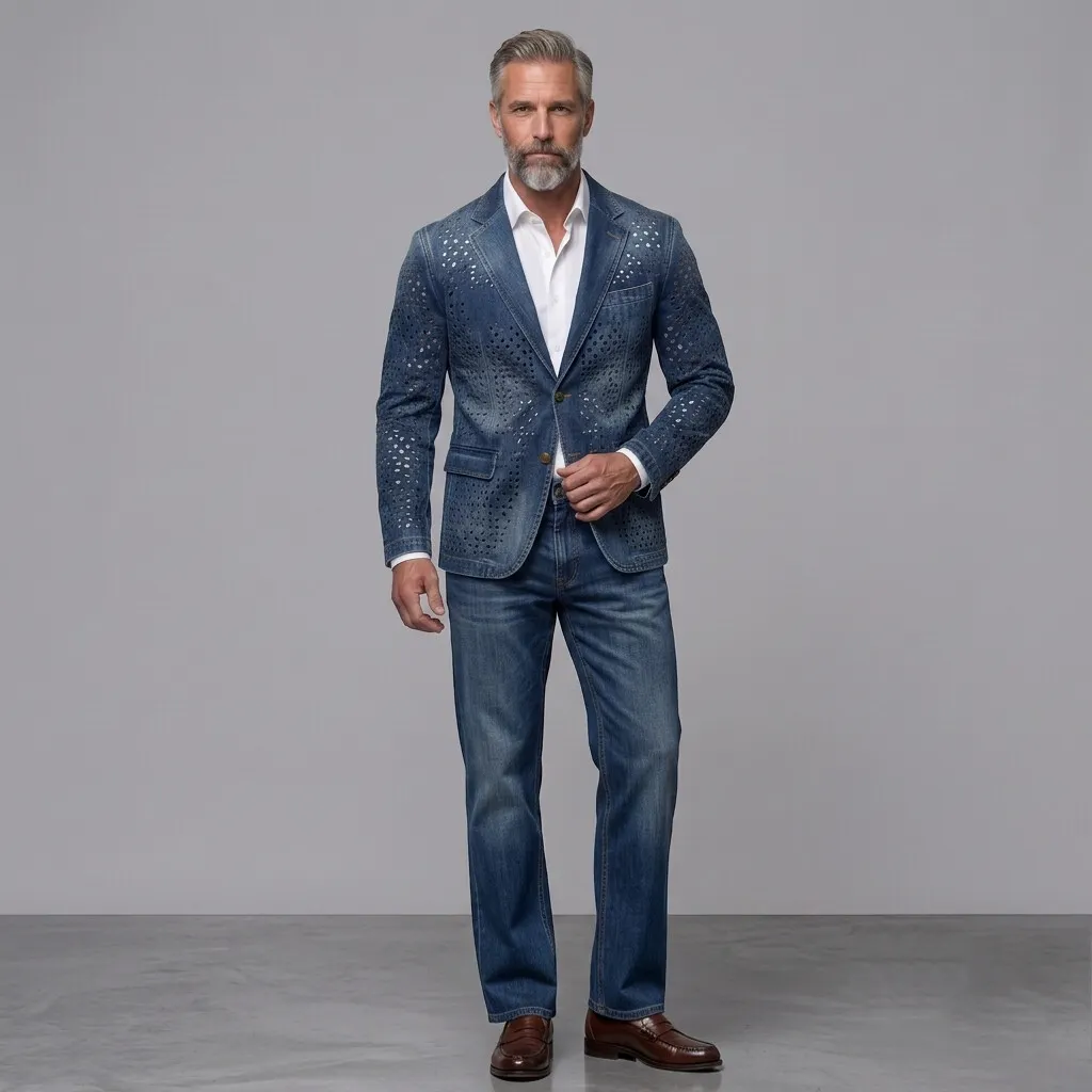 para hombre retro Distressed Denim Hollow Out Notch Lapel Single Breasted saco