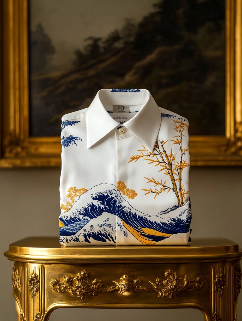 Camisa Ukiyo-e de lujo satén de manga larga para hombre