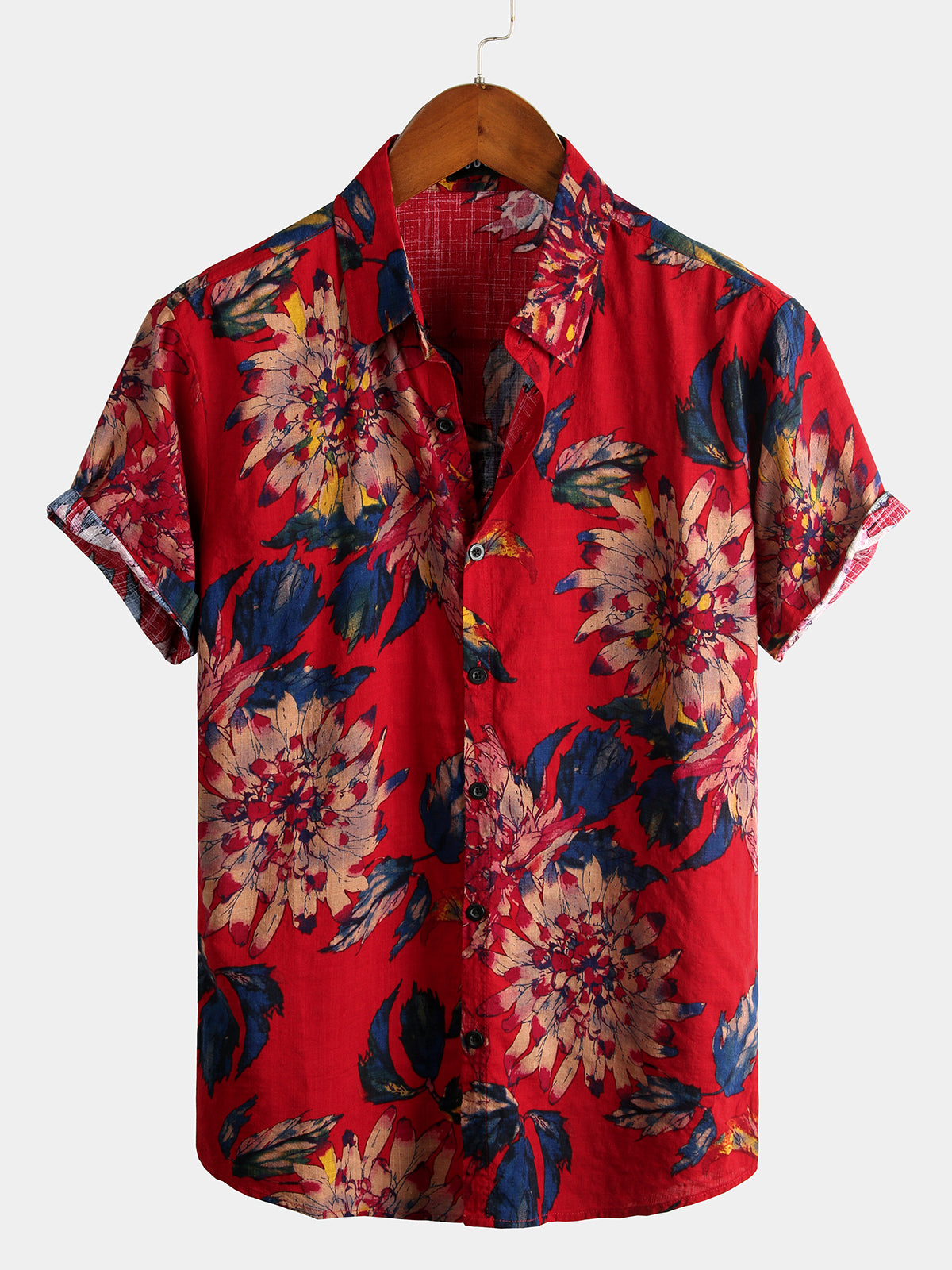 Camisa Red Flower Tropical Hawaii de algodón de manga corta para hombre