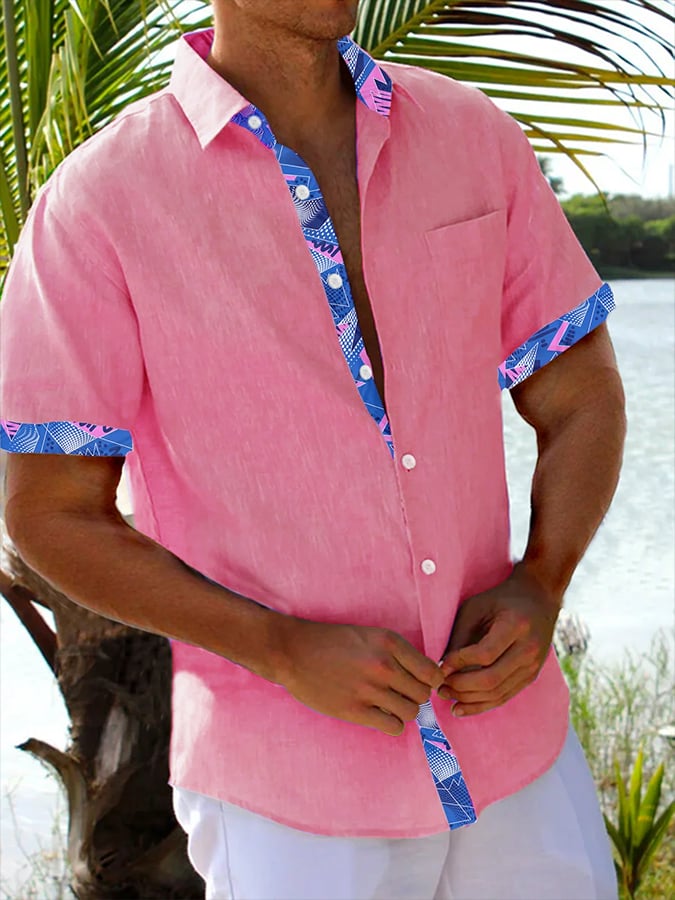Camisa Resort Style Contrast estampado casual de manga corta para hombre