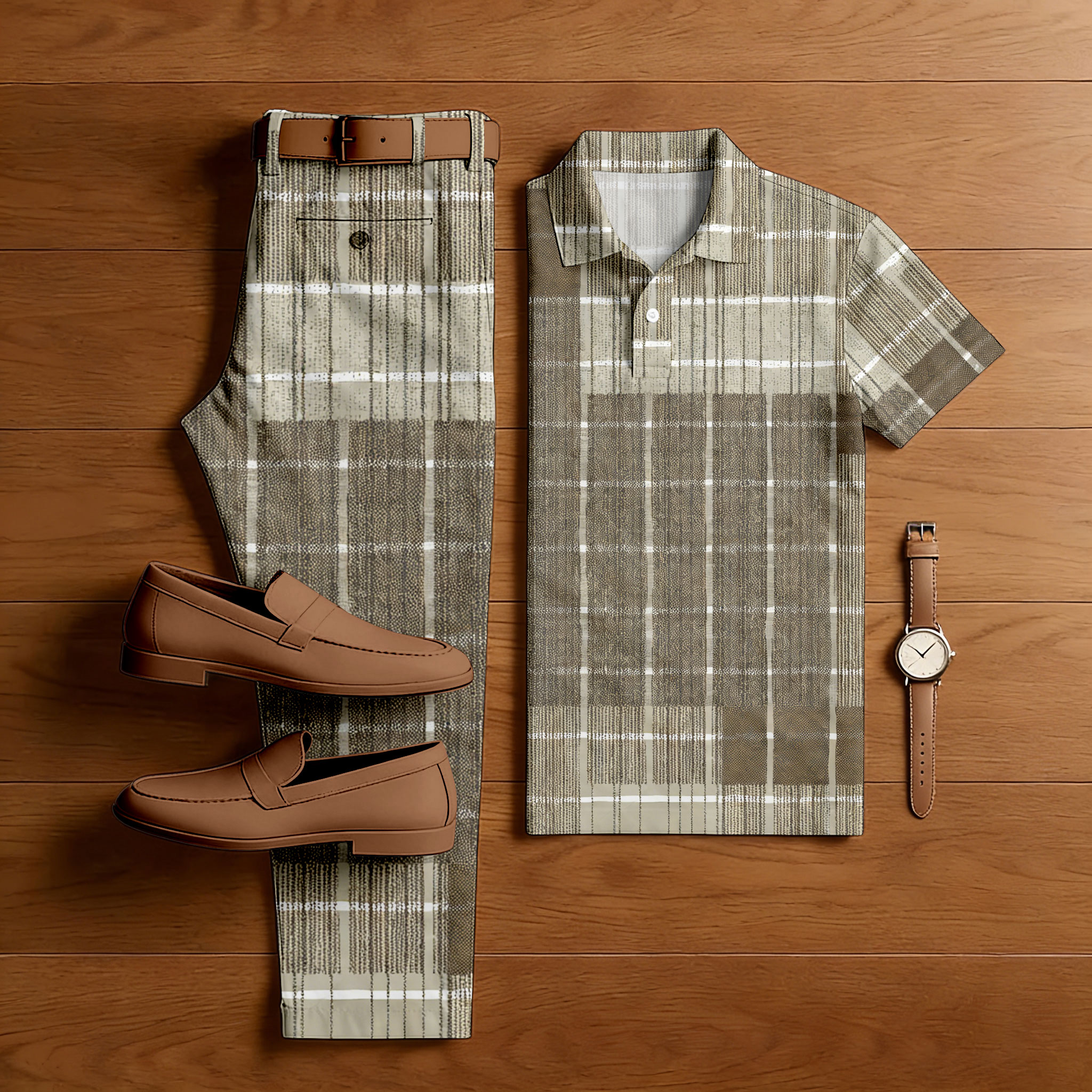 Conjunto de dos piezas casual Khaki & White Color Matching Checkered estampado de manga corta camisa polo & Trousers para hombre