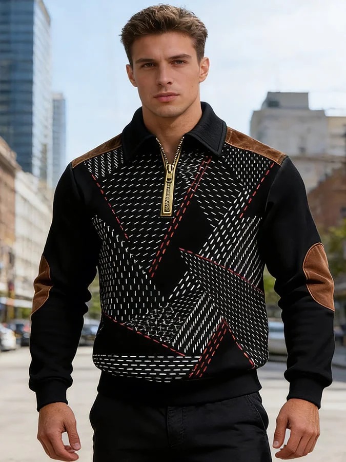 Sudadera retro en bloques de color estampado Color-Blocked con cierre para hombre