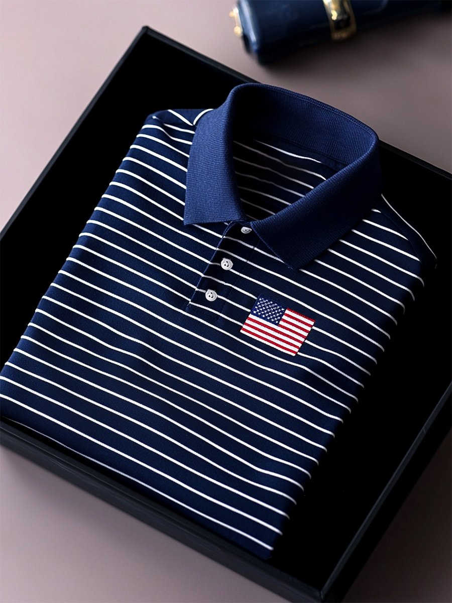 Camisa polo ejecutivo casual a rayas Independence Day Button de manga corta para hombre