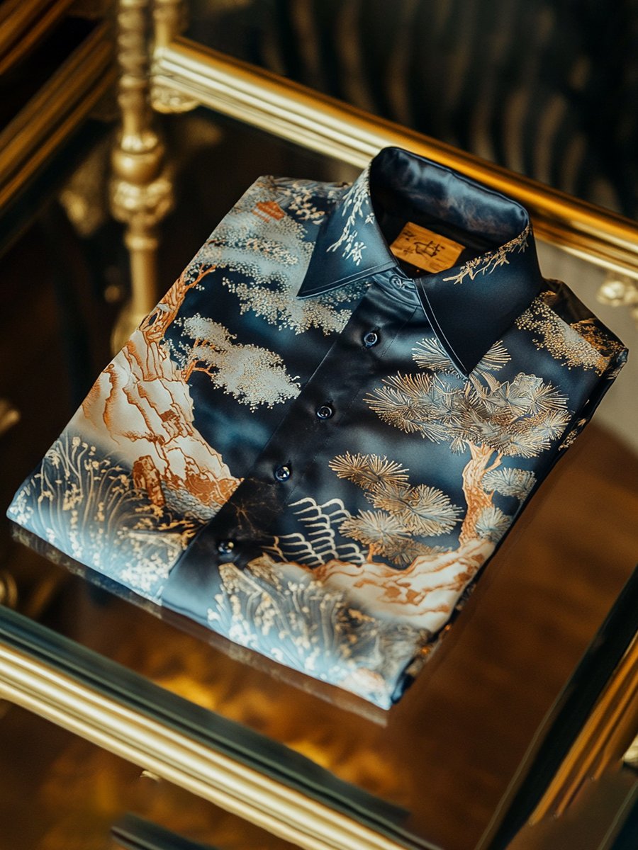 Camisa satén de lujo ejecutivo Ukiyo-E de manga larga para hombre