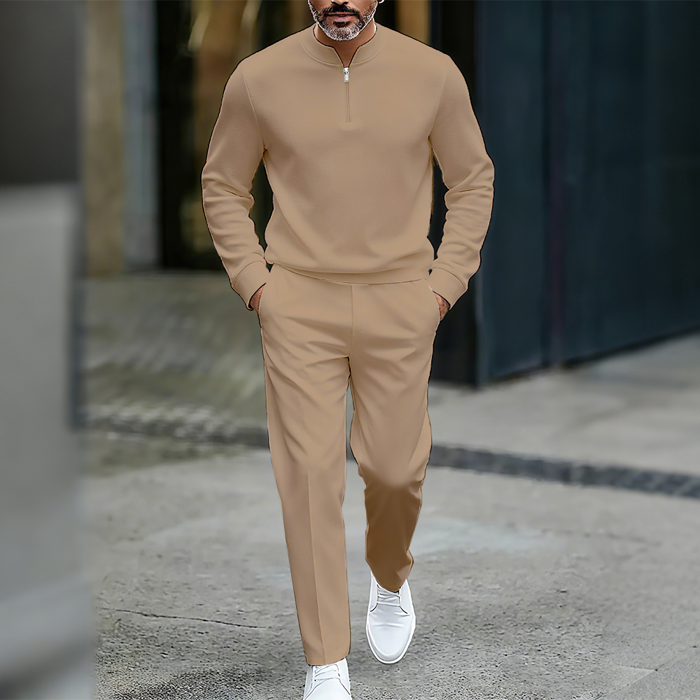 Conjunto de dos piezas casual de color sólido Round-Neck Zipper de manga larga Trousers para hombre