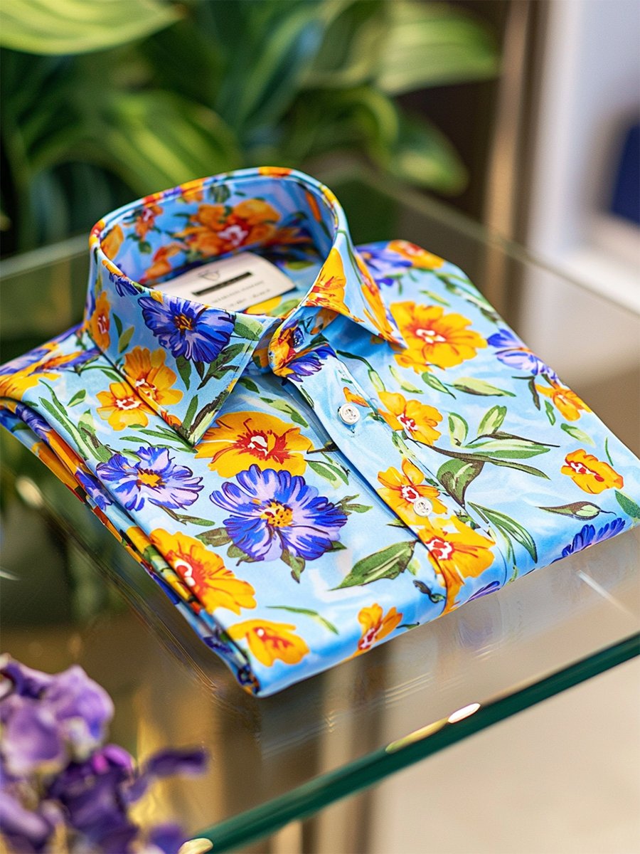 Camisa satén Luxe hawaiano estampado de manga corta Button para hombre