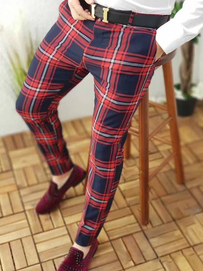Casual Color Contrast a cuadros Mid-Waist Trousers para hombre
