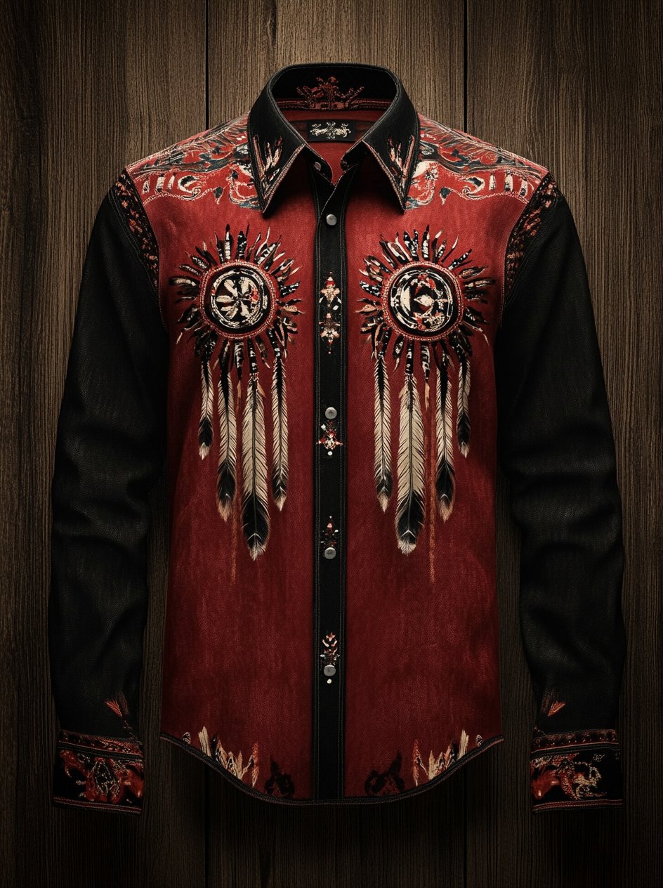 Camisa Western vintage Indian Totem estampado de manga larga para hombre