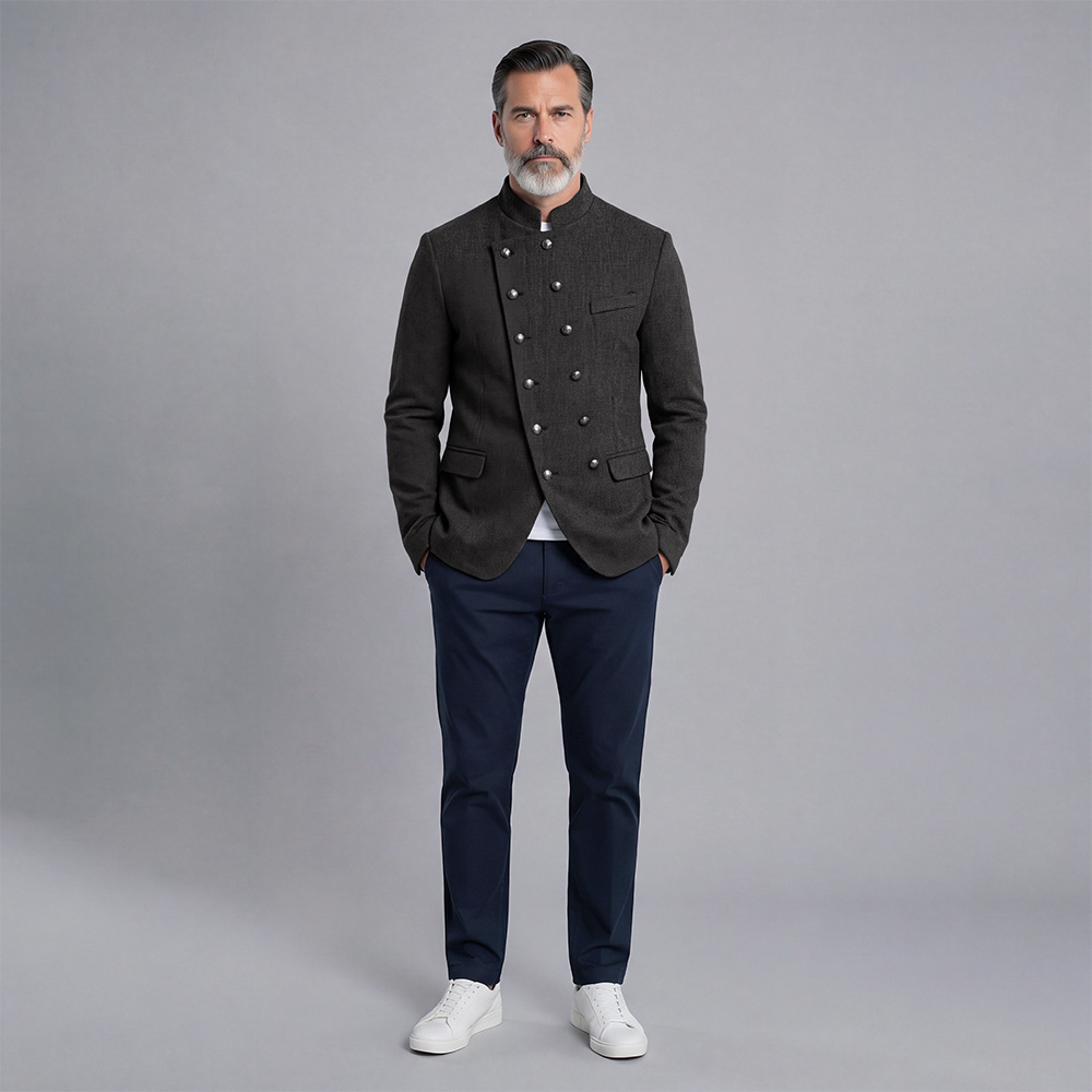 Double-Breasted Slim-Fit Stand-Up Collar Suit with Diagonal Placket para hombre