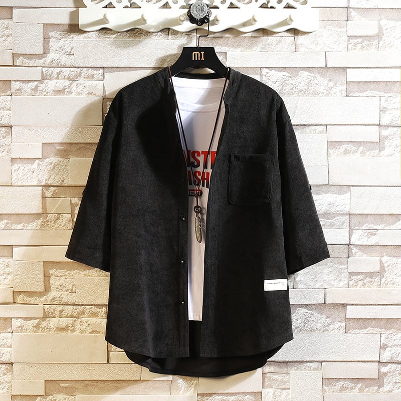 Camisa pana Middle Sleeve Thickened retro de color sólido para hombre