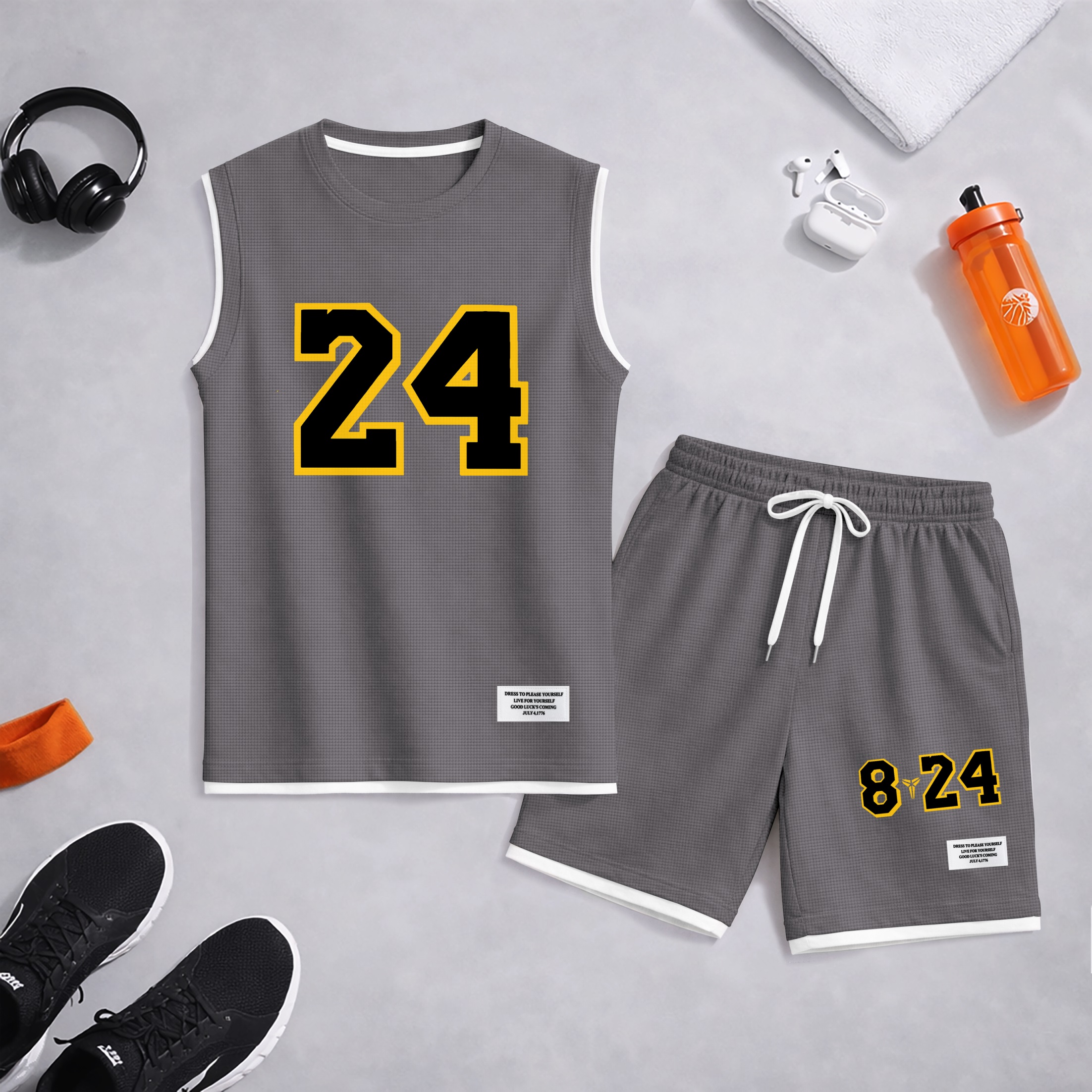 Shorts Number 24 Graphic estampado Summer Set Sleeveless Tank Top & Matching Outfit, Basketball Style Double Number estampado Lightweight casual Streetwear Athletic Set for Everyday & para trabajoout para hombre