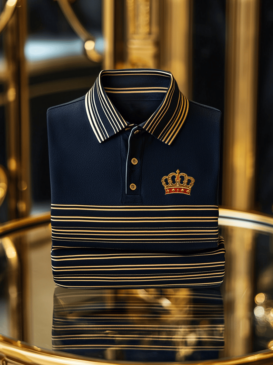 Camisa polo ejecutivo casual Badge rayas Button de manga corta para hombre