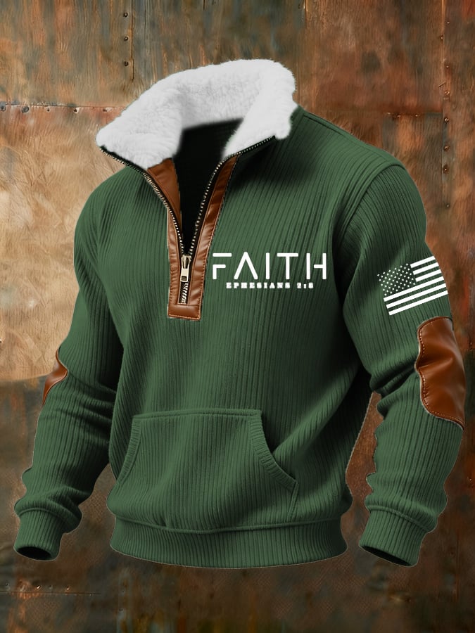 Sudadera retro Faith Cross estampado cierre Fur cuello de manga larga para hombre