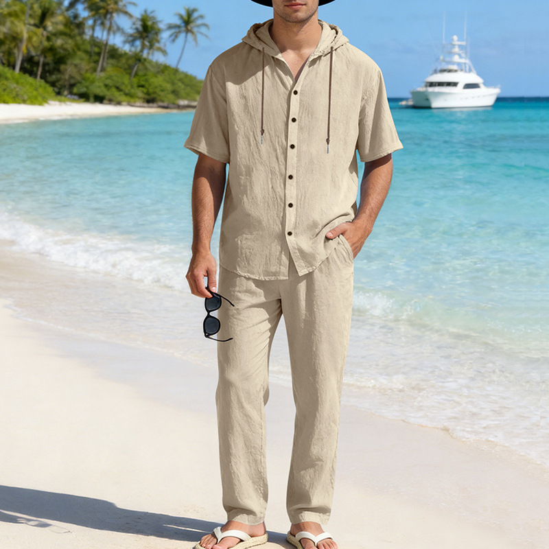 Conjunto de dos piezas de lino casual Hooded de manga corta camisa and holgado pantalón Set, Lightweight transpirable Summer Beach Vacation Outfit, Drawstring Relaxed Fit for para uso diario Wear Travel Resort Loungewear Comfortable elegante Summer Outfit para hombre