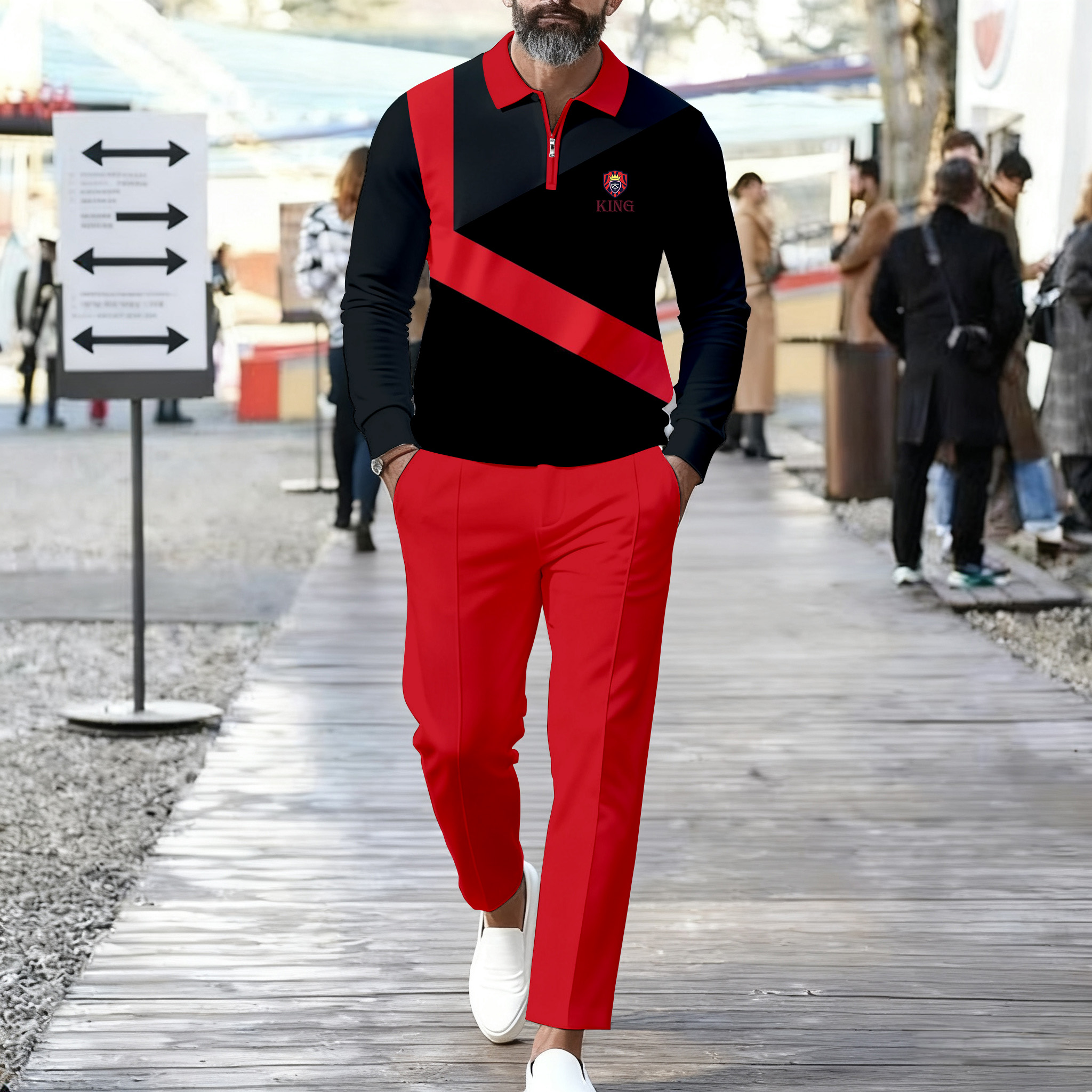 Conjunto de dos piezas casual Color Matching estampado Polo-Collar Zipper de manga larga Trousers para hombre