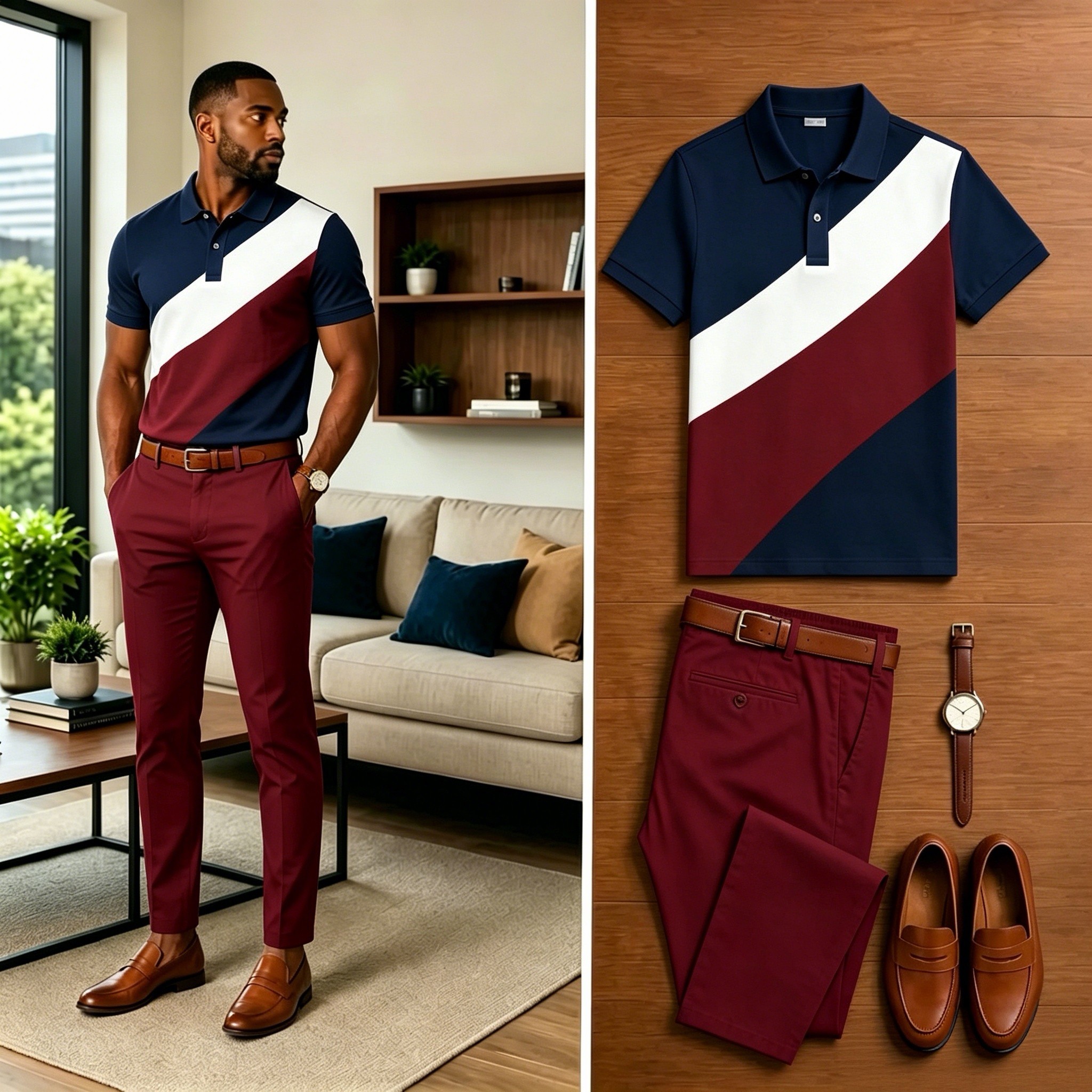 Conjunto de dos piezas casual a rayas Contrasting estampado camisa polo And pantalón para hombre