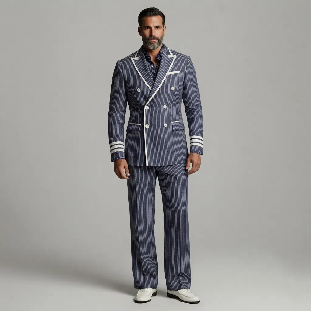 Saco formal Navy Blue Pinrayas estampado Contrast Piping Peak Lapel Double-Breasted & pantalón 2Pcs Suit para hombre