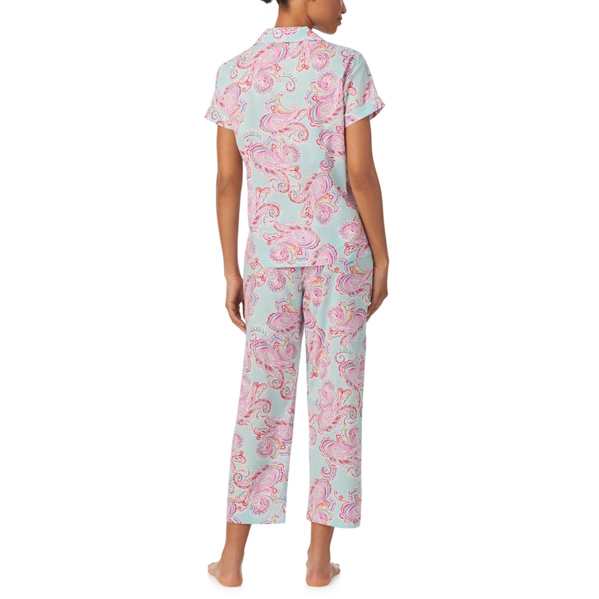 Women's Short Sleeve Notch Collar Cropped Pants Pajama Set - 2