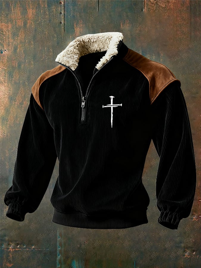 Sudadera retro Faith Cross estampado cierre Fur cuello de manga larga para hombre