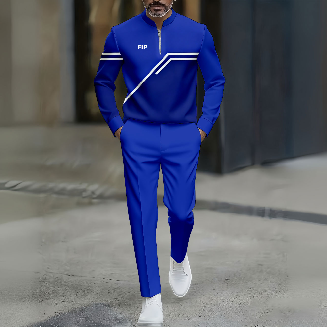 Conjunto de dos piezas Royal Blue a rayas estampado Round-Neck Zipper de manga larga Trousers para hombre