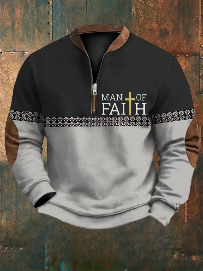 Sudadera retro Western Style Faith Cross estampado cierre Neck para hombre