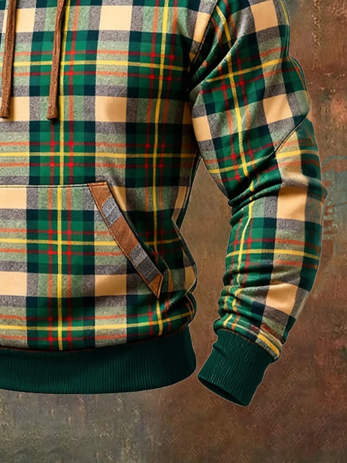 Sudadera retro a cuadros Contrast Color Hooded para hombre