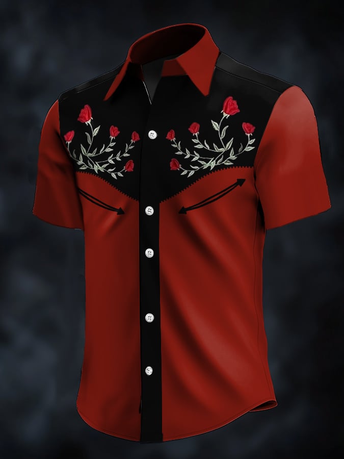 Camisa retro Western Contrast estampado de manga corta casual para hombre