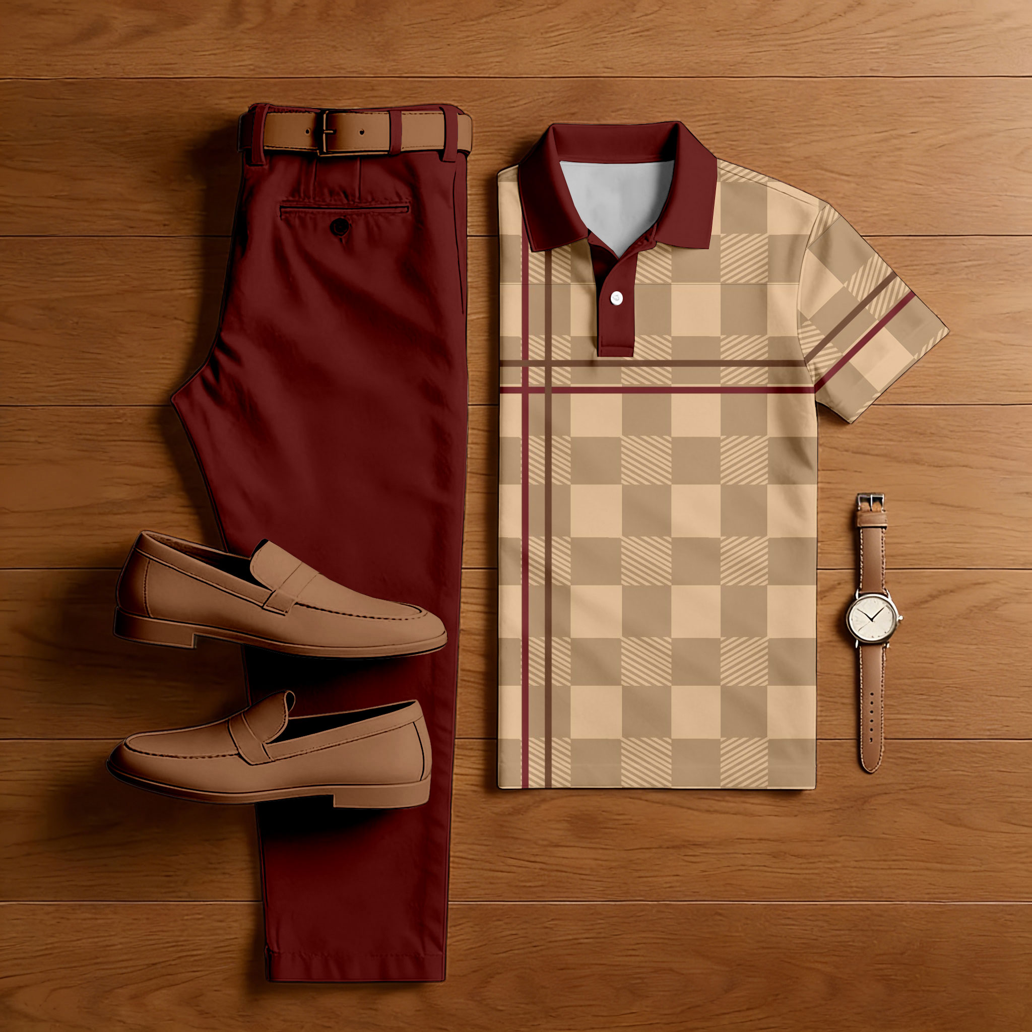Conjunto de dos piezas casual Maroon & Tan Color Matching Checkered estampado de manga corta camisa polo & Trousers para hombre