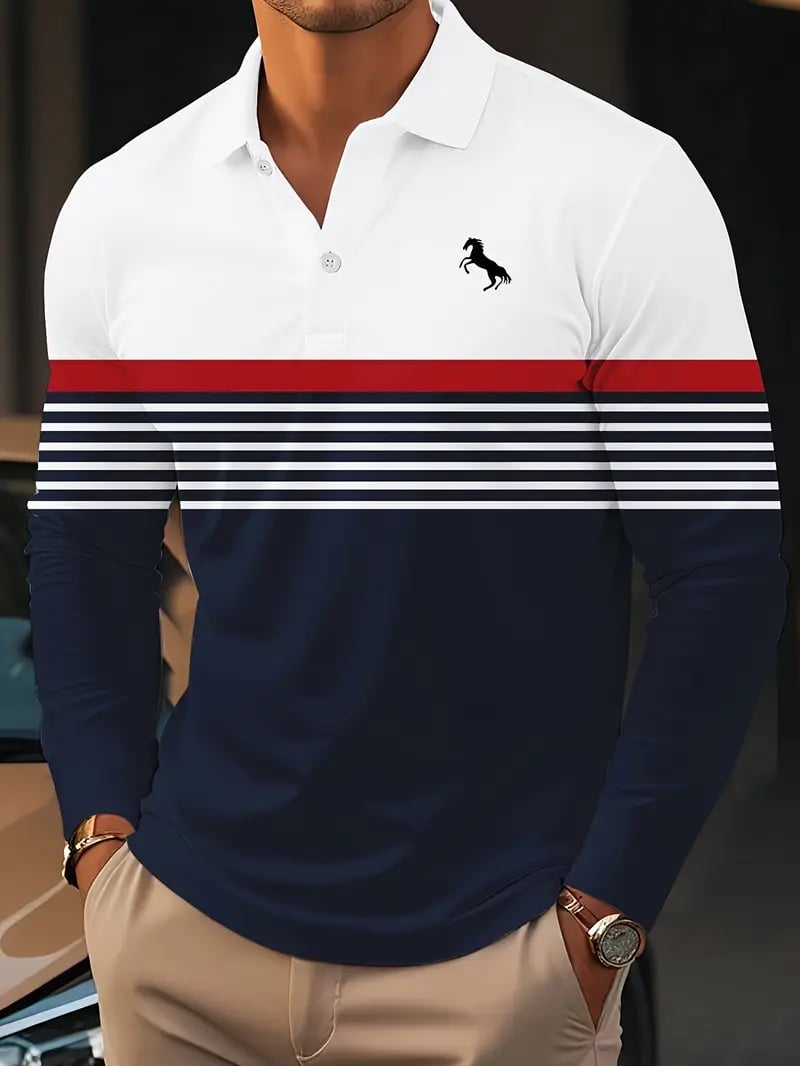 Camisa polo retro ejecutivo estampado de manga larga para hombre