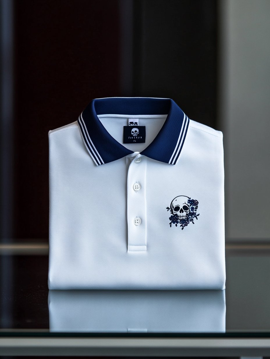 Camisa polo ejecutivo casual Skull and floral bordado con botones de manga corta para hombre