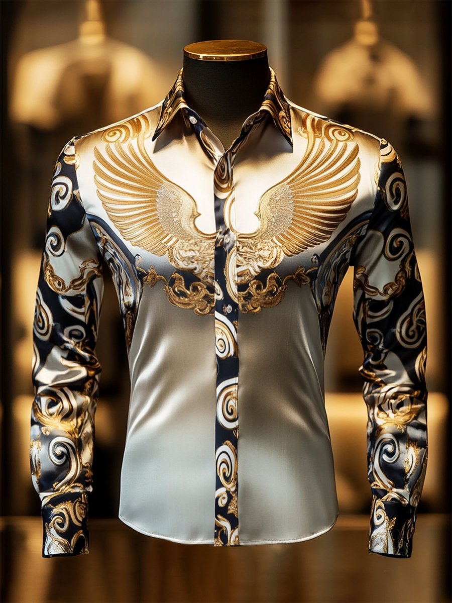 Camisa satén Luxe Wings de manga larga con botones para hombre