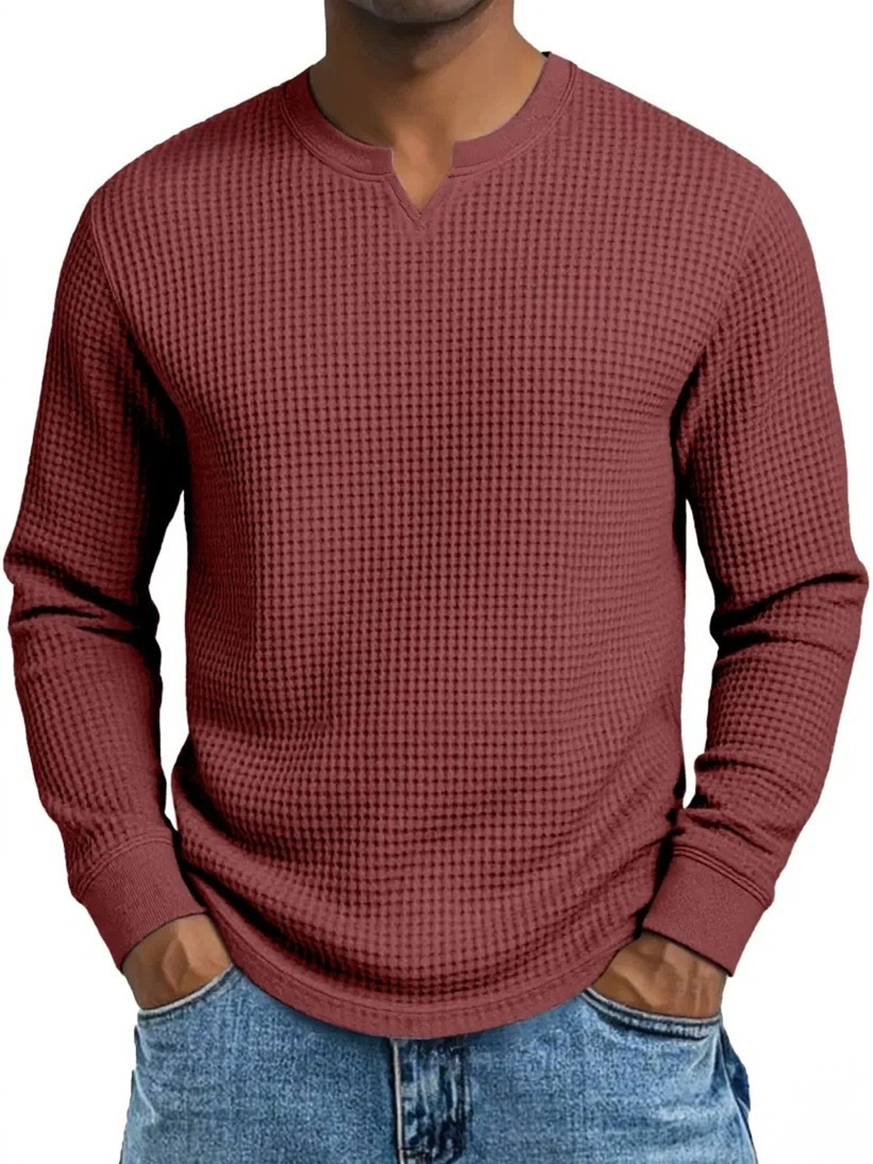 Camiseta vintage tejido tipo waffle V-Neck de manga larga para hombre