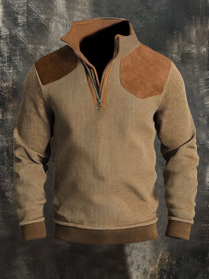 Sudadera casual retro Contrast Color Stand cuello de manga larga para hombre