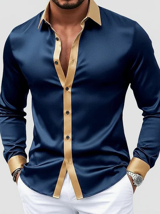 Camisa Black satén Turndown cuello de manga larga Button Contrast Trim para hombre