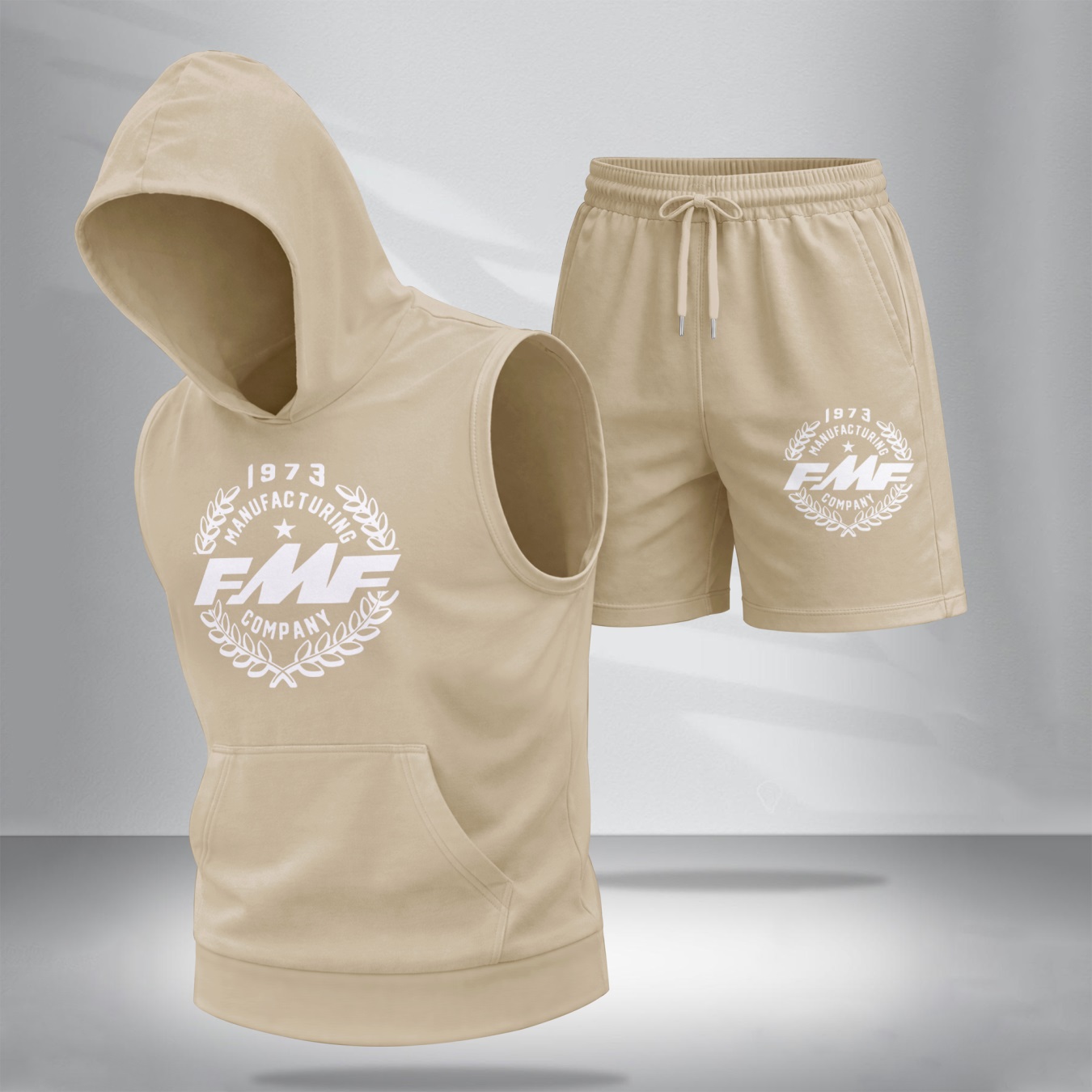 Conjunto de dos piezas : retro-estampado Hooded Vest & shorts — Regular Fit, casual Sporty Style, Sleeveless Top & shorts; Summer Apparel para hombre