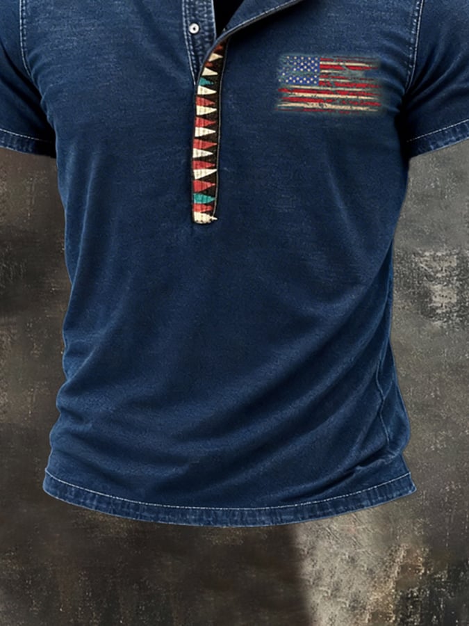 Retro Pure de algodón Washed desgastado Color-Blocked Henley cuello de manga corta Top para hombre