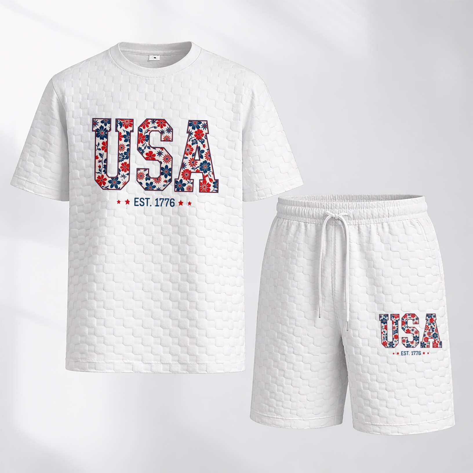 Camisa Spring/Summer USA-estampado a cuadros Drawstring shorts Set—A casual summer outfit featuring a de manga corta and shorts, ideal for both everyday wear and athletic activities para hombre